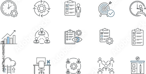 Business productivity management icons set, time efficiency workflow symbols, task planning checklist, teamwork collaboration progress, project strategy goals achievement illustration collection