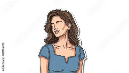 Illustration of a woman with long brown hair wearing a blue top, standing against a white background, viewed from the front.