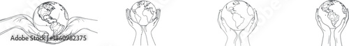 A one line poster featuring Earth Care Hands, drawn in a continuous line, outlines hands holding planet Earth, serving as a modern element for interior design and various presentations