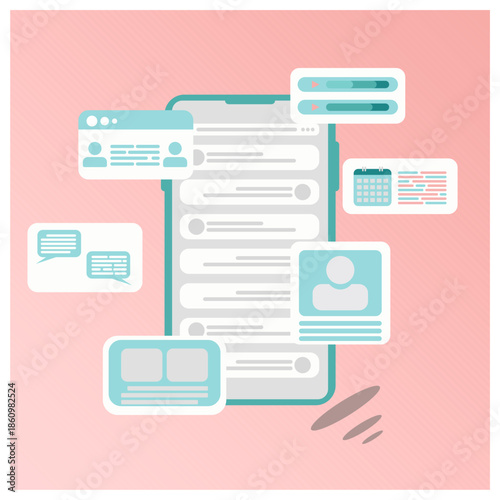 vector illustration of a mobile application user interface featuring floating UI elements such as profile avatars, chat bubbles, calendar, video progress bars, and data lists.