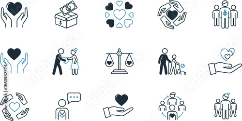 Charity care donation icons set, heart support compassion symbols, community help equality, social responsibility volunteering love kindness humanitarian assistance illustration collection