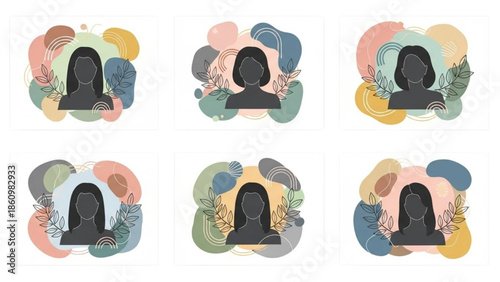 Illustrations of women surrounded by floral patterns in various colorful abstract designs