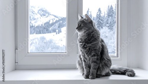 A fluffy, gray feline sits indoors, perched on a windowsill, gazing out at a snowy landscape with mountains and trees in the distance