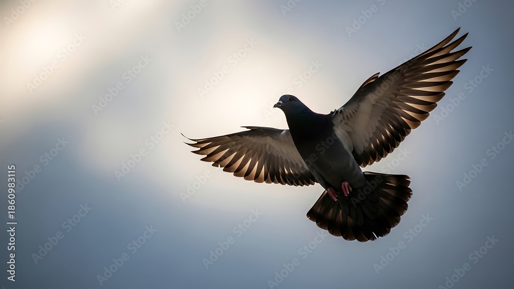 Obraz premium Bird flying in cloudy sky.