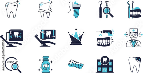 Dental care dentistry icons set, tooth hygiene treatment symbols, oral health checkup tools, implant and crown, clinic, doctor illustration collection