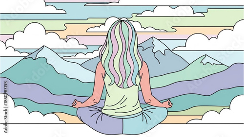 A serene woman meditating in lotus position with mountains in the background viewed from behind