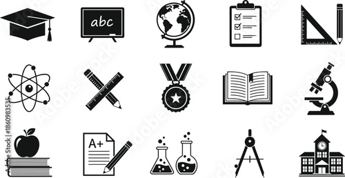 Education school learning icons set, classroom study tools symbols, science math knowledge, graduation achievement, academic success teaching illustration collection, modern design