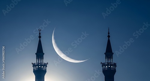 Crescent moon over mosque minarets silhouette.