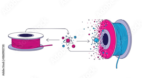A vibrant illustration depicting the intricate process of data transformation and information flow, showcasing dynamic change and technological evolution.