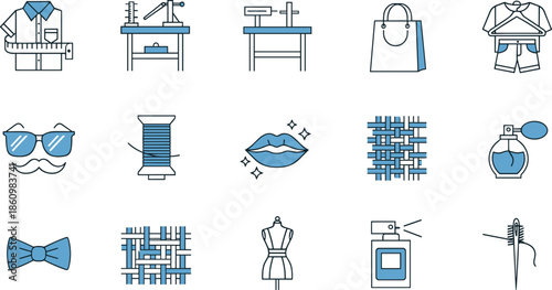 fashion tailoring icon set, clothing design tools, sewing accessories, textile craft elements, fashion studio equipment, garments perfume lips style vector illustration