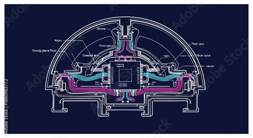A detailed blueprint illustration showcases the intricate internal cooling system of a futuristic device, featuring precise fluid dynamics and technological components.