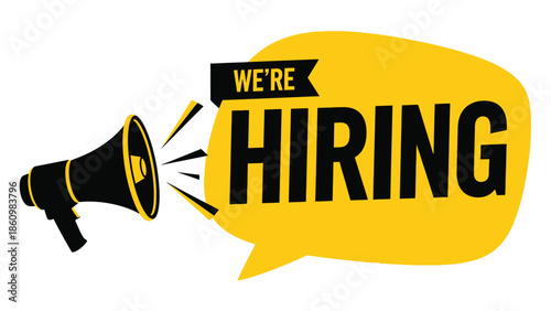 We're Hiring Recruitment Banner with Megaphone and Bold Yellow Speech Bubble Design