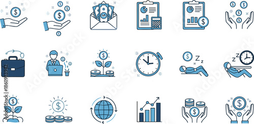 Financial growth investment icons set, money savings budget planning, profit analytics report, time management income, business success wealth concept illustration collection
