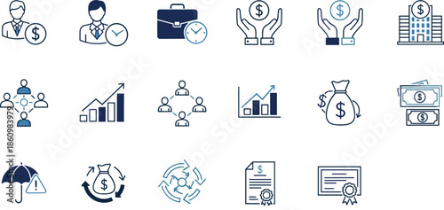 Finance business investment line icon set, money management, profit growth, banking, savings, insurance, financial planning and risk management symbols for corporate success