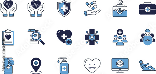 Healthcare icons set, medical service symbols, hospital support, health protection, doctor assistance, medicine kit, telehealth, emergency care, patient care, wellness and safety