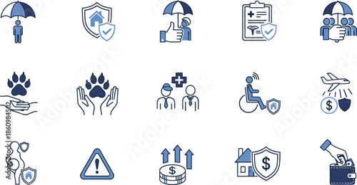 Insurance protection icons set, health coverage, family safety, medical policy, travel insurance, financial security, disability support, pet care, home shield illustration