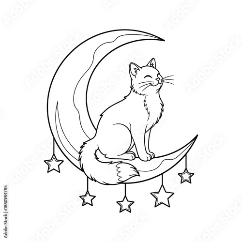 Cat sitting on crescent moon Vector, illustration