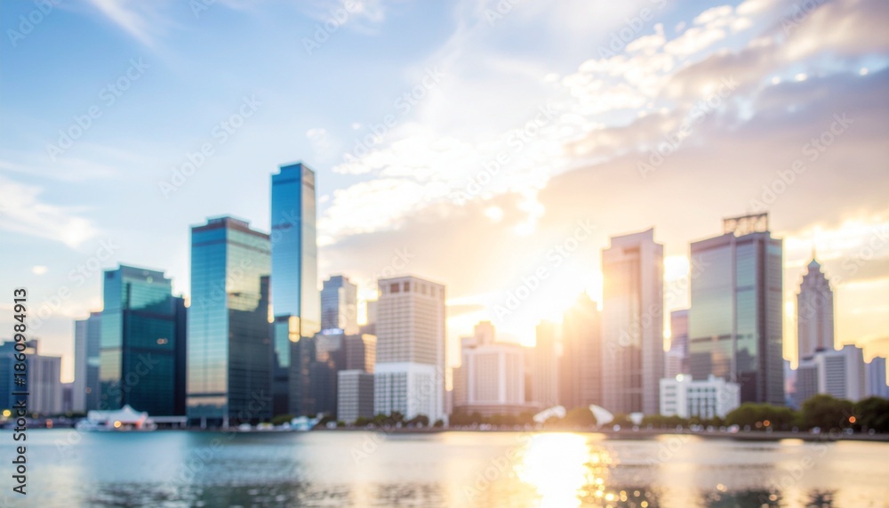 Fototapeta premium ソフトフォーカスの背景画像 水面に映る海沿いのオフィスビル街のイメージ画像 夕暮れ、イルミネーションのイメージ