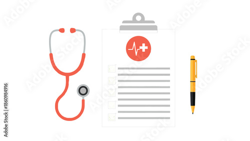 Medical Examination Concept Illustration with Stethoscope Clipboard and Healthcare Document