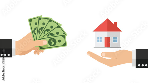 Real Estate Purchase or Mortgage Concept Showing Exchange of Cash for House Ownership