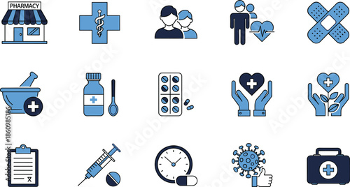 Medical pharmacy icons, healthcare service symbols, medicine and treatment illustration, hospital and clinic support, vaccination, pills and prescription, patient care, health protection concept