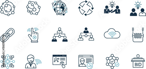 network connection line icons, global communication, teamwork collaboration, cloud technology, organization structure, innovation idea, digital workflow, business management, technology web vector set