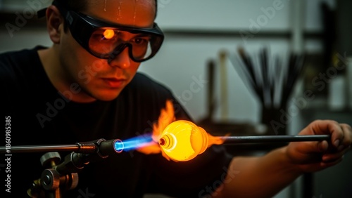 Glassblower shaping molten glass rod.
