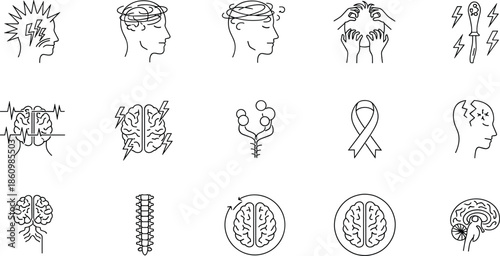 Neurology brain health icons set, headache migraine pain symbols, nervous system disorder awareness, medical diagnosis treatment illustration collection for healthcare