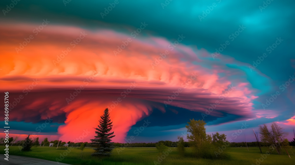 Fototapeta premium Massive colorful tornado with orange, pink, and teal swirling clouds