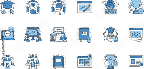 Online education icon set, e learning communication, virtual classroom training, digital academy, remote study technology, graduation achievement outline flat vector collection