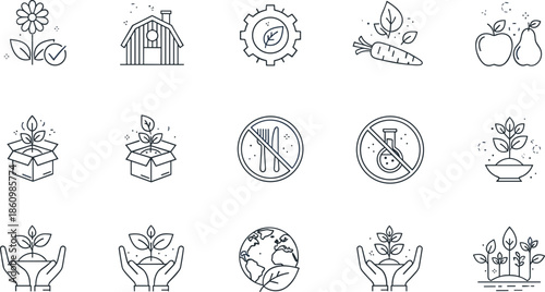 Organic farming icons, eco friendly agriculture, natural food production, sustainable farming symbols, healthy plant growth, non GMO products, environmental conservation illustration