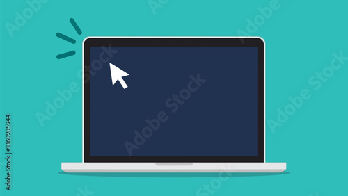 Laptop computer illustration with a cursor clicking on screen against a teal background