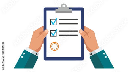 Hands holding a clipboard with a checklist and official seal for quality control and approval