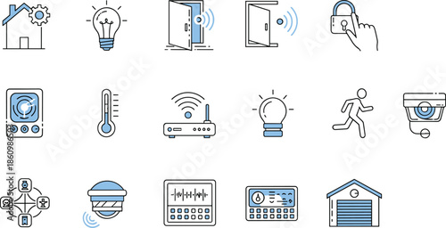 Smart home security and automation icons set, wireless monitoring, CCTV camera, motion detection, remote control technology, modern house safety design