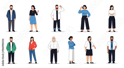Diverse group of people standing together in various poses and attire