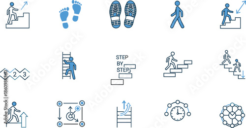 Step by step progress icons collection showing stairs, ladder, walking footprints, arrows, growth, improvement, success, planning, motivation, timeline, development, goal achievement