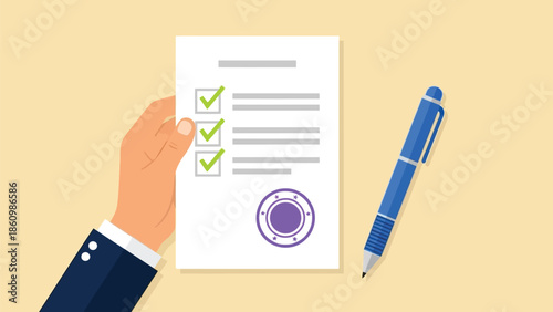 Hand in a suit holding a verified checklist document with a pen and official seal