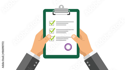Hands holding a clipboard with completed checklist and purple seal for quality inspection