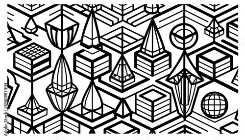 Geometric black and white illustration featuring various shapes and patterns, including pyramids, cubes, and spheres, creating a visually engaging abstract design with intricate details