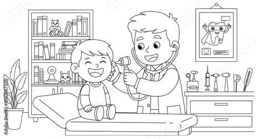 Illustration of a cheerful boy receiving a check-up from a friendly doctor in a colorful clinic, surrounded by toys and medical equipment, emphasizing care and health