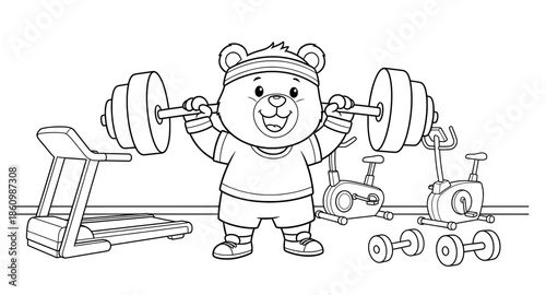 Cartoon bear character lifting weights in a gym setting, surrounded by exercise equipment, showcasing fitness and strength in a playful and engaging manner