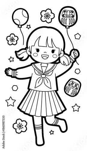 Cheerful young girl in a school uniform, holding balloons and surrounded by playful elements like flowers and stars, embodying joy and celebration in a vibrant illustration