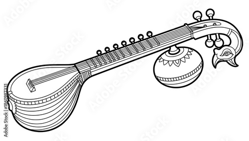 Traditional string instrument illustration featuring intricate details, showcasing a beautifully designed body and peacock-shaped head, representing cultural heritage and musical artistry