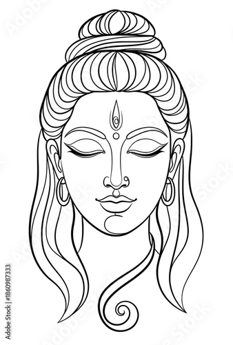 Line art illustration of a serene female figure with intricate hair and jewelry, embodying tranquility and spirituality, suitable for meditation and mindfulness themes