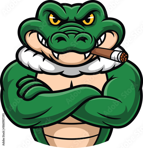 Tough green cartoon alligator with cigar looking angry