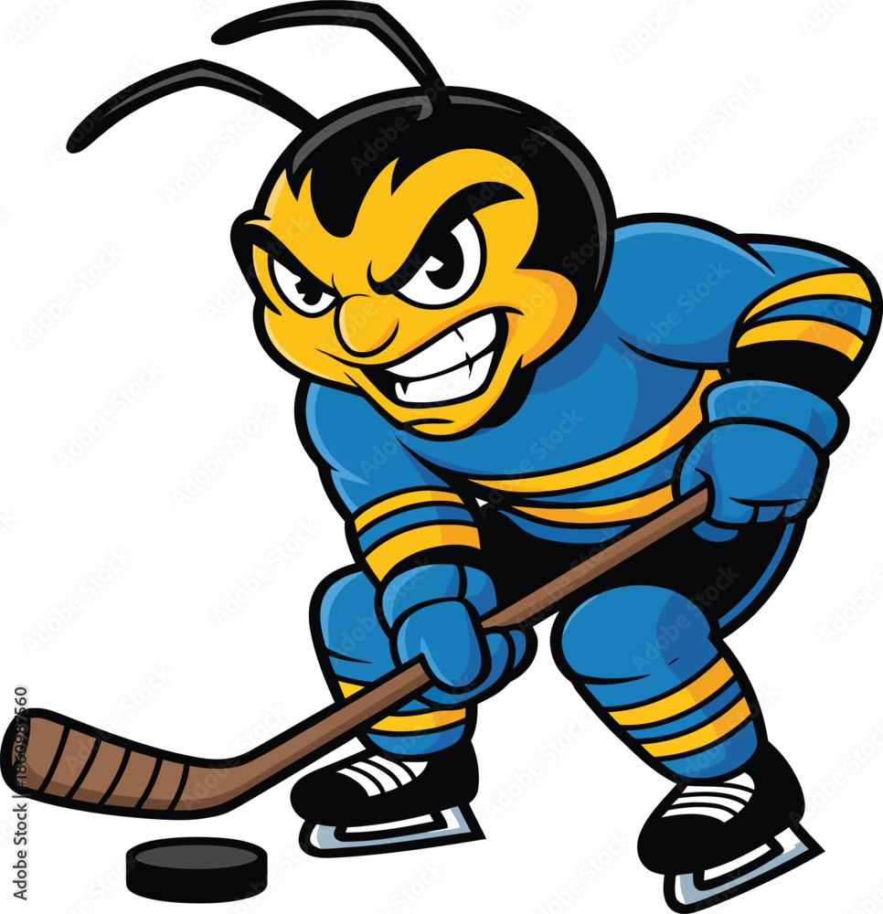 Obraz premium Cartoon hornet hockey player in blue uniform