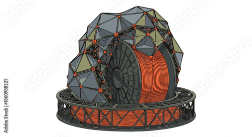 Futuristic 3D printing filament spool encased in a geometric geodesic dome structure.