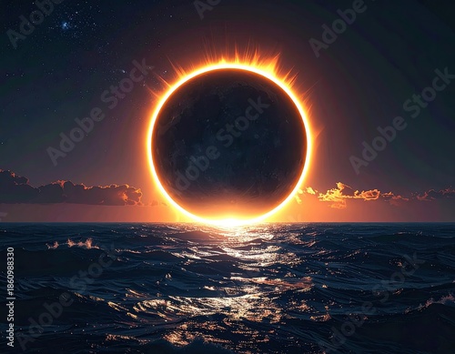 Celestial event over ocean. Sun's corona surrounds a dark sphere