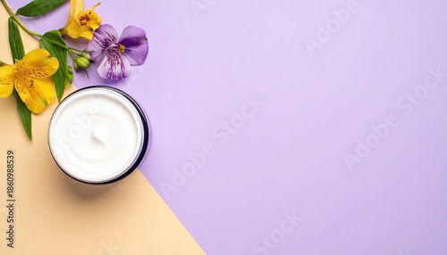 Cream jar beside yellow and purple flowers on a color-blocked backdrop