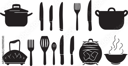 Vector set of kitchen utensils including a steel fork, knife, and silver spoon isolated on white for a restaurant dinner table setting